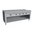 COCINA TEPPANYAKI A GAS 5 FUEGOS  - MOD. VGP5200L - 5 zonas de cocción - Construida exclusivamente a medida - Armario abierto - Plancha de cocción en baño de cromo duro y lúcido - Canal perimetral - Potencia a gas kW 29,0 (5x5,8 kW) - Medidas: cm A 200 x 