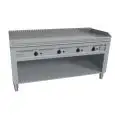 COCINA TEPPANYAKI A GAS 4 FUEGOS  - MOD. VGO4180L - 4 zonas de cocción - Construida exclusivamente a medida - Armario abierto - Plancha de cocción en baño de cromo duro y lúcido - Peto y protecciones en los 4 lados - Potencia a gas kW 23,2 (4x5,8 kW) - Me