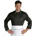 CHAQUETA DE COCINERO CHEF BILBAO - MOD. 059331 - 100% POLIÉSTER SUPER DRY MICROFIBRA - TEJIDO ANTIMANCHA QUE RESPIRA - RED DE AIREACIÓN EN LAS AXILAS - COLOR NEGRO CON BORDE BLANCO