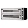 HORNO ELÉCTRICO MECÁNICO PARA PIZZA - Mod. TRAYS 66L GLASS - N. 2 cámaras - Superficies con piedras refractarias o Cámara totalmente refractaria - Medidas de la cámara cm A 123 x F 84 x 17,5 h - N. Pizzas 6+6 (Ø cm 40)/N. 3+3 bandejas en horizontal cm 60x