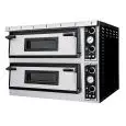 HORNO ELÉCTRICO MECÁNICO PARA PIZZA - Mod. PLUS XL66L - N. 2 cámaras - Superficie de piedra refractaria o Techo y base refractaria o Cámara totalmente refractaria - Medidas de la cámara cm  A 108 x F 72 x 14 h - N. Pizzas 6 + 6 (Ø cm 35) - Potencia 18 Kw 