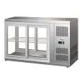 EXPOSITOR DE SOBREMESA VITRINA REFRIGERADA SNACK DE ACERO INOX AISI 430 - CRISTAL RECTO Y PUERTAS DESLIZANTES EN AMBOS LADOS - Mod. G-HAV91 - Temperatura: +2/+8°C - Capacidad Lt. 110 - Alimentación monofásica 230V/1/50Hz - Potencia W 180 - Medidas cm. A 9