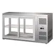 EXPOSITOR DE SOBREMESA VITRINA REFRIGERADA SNACK DE ACERO INOX AISI 430 - CRISTAL RECTO Y PUERTAS DESLIZANTES - Mod. G-HAV131 - Temperatura: +2/+8°C - Capacidad Lt. 190 - Alimentación monofásica 230V/1/50Hz - Potencia W 180 - Medidas cm. A 131 x F 51 x h 