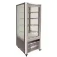 EXPOSITOR REFRIGERADO VERTICAL DE ACERO INOX AISI 430 - CRISTAL DOBLE EN LOS 4 LADOS - Mod. G-VGP400R - VENTILADO - CAPACIDAD Lt 408 - TEMPERATURA +2°/+8°C - Medidas cm A 70,6 x F 74 x h 180 - CE