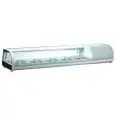 EXPOSITOR VITRINA REFRIGERADO DE MESA PARA SUSHI - Mod. RTS 132 SUSHI - Temperatura +0/+12 °C - Capacidad lt 132 - Capacidad de cubetas n. 5 GN 1/2 - Potencia kW 0,16 - Alimentación monofásica - Medidas cm A 180 x F 43 x 30h - Homologación CE