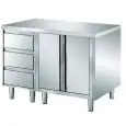 Mesa de trabajo Inox con armario y - puertas batientes - con 3 cajones laterales - Encimera de 4 cm de espesor