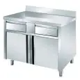 Mesa de trabajo Inox con armario y puertas batientes - cajones bajo la encimera - Encimera de 4 cm de espesor - inox 8/10 - con peto posterior