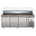 MESA REFRIGERADA PARA PREPARACIÓN DE PIZZA DE ACERO INOX AISI 304 - CON VITRINA PARA INGREDIENTES - PARA CONTENEDORES DE PIZZAS 60 X 40 - VENTILADO - Mod. PZ3600TN33 - 3 PUERTAS REFRIGERADAS - TEMPERATURA +2°/+8°C - Medidas cm. A 202 x F 80 x h 144,5 - CE