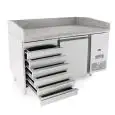 MESA REFRIGERADA PARA PREPARACIÓN DE PIZZA EN ACERO INOX - Mod. FQG4511 - PARA CAJAS DE PIZZA cm 60x40 - VENTILADO - N. 1 Puerta - N. 7 CAJONES NEUTROS cm 60x40 - Temperatura 0°/+8°C - Dim. cm. L 151 x P 80 x h 100/160 - CE