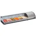 EXPOSITOR DE SOBREMESA VITRINA REFRIGERADA - SERIE TAPASGN - Estructura de acero INOXIDABLE - CUBETAS GN 1/3 - Temp. °C +3/+5 - Monofásico - ESTÁTICA - CRISTAL CURVO ABRIBLE - Iluminación - MOTOR A BORDO