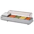 EXPOSITOR DE SOBREMESA VITRINA REFRIGERADA - SERIE GASTROSERVICECOLD/SS - Estructura de acero INOXIDABLE - Contiene CUBETAS GN (TODOS LOS FORMATOS GN H Máx. 10 cm) - Temp. °C +2/+10 - Monofásico - ESTÁTICA - CRISTAL CURVO SELF SERVICE