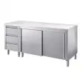 Mesa de trabajo Inox con armario y puertas correderas - con 3 cajones laterales - Encimera de 4 cm de espesor