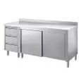 Mesa de trabajo Inox con armario y puertas correderas - con 3 cajones laterales - Encimera de 4 cm de espesor - con peto posterior