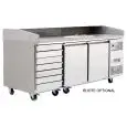 MESA REFRIGERADA PARA PREPARACIÓN DE PIZZA EN ACERO INOX - Mod. FQG4591 - VENTILADO - N. 2 Puertas - N. 7 CAJONES NEUTROS cm 60x40 - Temperatura 0°/+8°C - Dim. cm. L 201 x P 80 x h 100/160 - CE