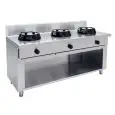 COCINA CHINA A GAS 3 FUEGOS  - MOD. EE03 - Construida exclusivamente a medida - Armario abierto - Estante liso - Potencia a gas a elegir entre kW 9,5/14/21 - Medidas: cm A 150 x F 50 x H 85 - Homologación CE