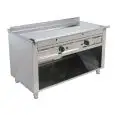 COCINA TEPPANYAKI A GAS 2 FUEGOS  - MOD. VGP2100L - 2 zonas de cocción - Construida exclusivamente a medida - Armario abierto - Plancha de cocción en baño de cromo duro y lúcido - Canal perimetral - Potencia a gas kW 11,6 (2x5,8 kW) - Medidas: cm A 100 x 