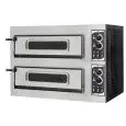 HORNO ELÉCTRICO MECÁNICO PARA PIZZA - Mod. BASIC 2/50/V+L4T - N. 2 cámaras con cristal - Superficie de cocción con piedras refractarias - Iluminación interior - 4 termostatos - Medidas de la cámara cm A 62 x F 50 x 12h - N. Pizzas 1 + 1 (Ø cm 45) - Potenc