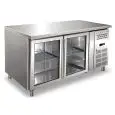 MESA REFRIGERADA EN ACERO INOX AISI 304 - VENTILADA - Mod. ECZ2100TNG - GASTRONORM 1/1 (cm 53 x 32,5) - N. 2 PUERTAS ACRISTALADAS - CAPACIDAD Lt 314 - TEMPERATURA -2°/+8°C - Medidas cm. L 136 x P 70 x h 86 - Homologación CE