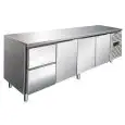 MESA REFRIGERADA EN ACERO INOX AISI 304 - VENTILADA - Mod CXF4110TN - GASTRONORM 1/1 (cm 53 x 32,5) - N 3 PUERTAS REFRIGERADAS - N 2 CAJONES REFRIGERADOS - CAPACIDAD Lt 476 - TEMPERATURA -2°/+8°C - Medidas cm L 223 x P 70 x h 86