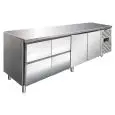 MESA REFRIGERADA EN ACERO INOX AISI 304 - VENTILADA - Mod CXF4140TN - GASTRONORM 1/1 (cm 53 x 32,5) - N 2 PUERTAS REFRIGERADAS - N 4 CAJONES REFRIGERADOS - CAPACIDAD Lt 476 - TEMPERATURA -2°/+8°C - Medidas cm L 223 x P 70 x h 86