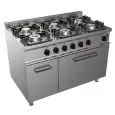 COCINA A GAS 6 FUEGOS - MOD. G7NURG6FN6M - Horno estático a gas GN 2/1 cm A 68,5 x F 53 x 35 H - Armario neutro con puerta - Potencia total kW 34,9 - Medidas: cm A 120 x F 70 x H 85 - Homologación CE