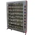 ASADOR VERTICAL ELÉCTRICO - MOD. ELBA48/PE - CAPACIDAD N.36 POLLOS - N. 8 espadas de tubular inox mm 12 x 12 Longitud cm 96 - Resistencias, cada uno con interruptor - Alimentación 400 V TRIFÁSICA - Potencia 20,5 Kw - Medidas: cm A 112,1 x F 39,1 x 155,6 h