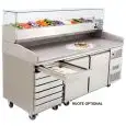 MESA REFRIGERADA PARA PREPARACIÓN DE PIZZA EN ACERO INOX - Mod. FQG4591GR - VENTILADO - N. 2 Puertas - N. 7 CAJONES NEUTROS cm 60x40 - Con Vitrina expositora para ingredientes - Temperatura -0°/+8°C - Dim. cm. L 201 x P 80 x h 100/160 - CE
