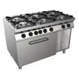 COCINA DE GAS DE 6 FUEGOS - MOD. H7MZE6FE - Sin llama piloto - Horno estático eléctrico GN 2/1 cm L 68,5 x P 53 x 35 H - Compartimento neutro - Potencia total de gas kW 28,5 - Dimensiones: cm L 120 x P 70 x H 85 - CE