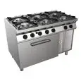 COCINA A GAS de 6 FUEGOS - MOD. H7MZE6FN - Sin llama piloto - Horno a Gas Estático GN 2/1 cm L 68,5 x P 53 x 35 H - Mueble Neutro - Potencia Total kW 36,4 - Medidas: cm L 120 x P 70 x H 85 - CE