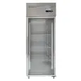 ARMARIO DE REFRIGERACIÓN DE ACERO INOX AISI 201 - VENTILADO - Mod. G-GN650BTG-FC - GASTRONORM 2/1 (cm 65 x 53) - N. 1 PUERTA DE CRISTAL - CAPACIDAD Lt 700 - TEMPERATURA -18°/-22° C - Medidas cm A 74 x F 83 x h 201 - CE