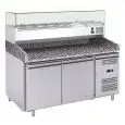 MESA REFRIGERADA PARA PREPARACIÓN DE PIZZA DE ACERO INOX AISI 201 - CON VITRINA para INGREDIENTES - PARA CONTENEDORES DE PIZZAS 60 X 40 - VENTILADO - Mod. G-PZ2600TN38 FC - 2 PUERTAS REFRIGERADAS - TEMPERATURA -2°/+8°C - Medidas cm. A 151 x F 80 x h 143,5