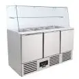 Mesa saladette refrigerada modelo SALADETTE SF 903 G, temperatura +2°C / +8°C, capacidad bruta 720 Lt, dimensiones exteriores 1365 x 700 x 870 mm.