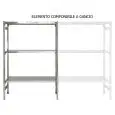 Estantería inox sin tornillos - elemento modular (no autoportante, ha de armarse con un elmento base) - Alto cm 150 - 3 estantes perforados espesor cm 2,5 inox 8/10 - con travesaño de refuerzo y pies de plástico - bordes sin filo - acabado lúcido