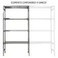 Estantería inox sin tornillos - elemento modular (no autoportante, ha de armarse con un elmento base) - Alto cm 200 - 4 estantes perforados espesor cm 2,5 inox 8/10 - con travesaño de refuerzo y pies de plástico - bordes sin filo - acabado lúcido