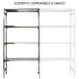 Estantería inox sin tornillos - elemento modular (no autoportante, ha de armarse con un elmento base) - Alto cm 180 - 4 estantes lisos espesor cm 2,5 inox 8/10 - con travesaño de refuerzo y pies de plástico - bordes sin filo - acabado lúcido