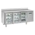 MESA REFRIGERADA CON PETO DE ACERO INOX - PARA SNACK - MOD. SRG 3200 - N. 3 PUERTAS ACRISTALADAS - VENTILADO - CAPACIDAD Lt. 358 - TEMPERATURA +3° / +10° C - DIM. cm L 180 x P 62,5 x H 95 - CE