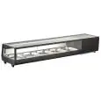 Vitrina refrigerada de mostrador para sushi - Mod SUSHI 180 - Capacidad 5 x GN 1/2 (cm 32,5x26,5) - Potencia 180 W - Volumen neto Lt 59 - Dimensiones cm L 180 x P 40,6 x H 31,8 - Peso Kg 48,5
