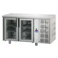MESA REFRIGERADA DE ACERO INOX AISI 304 - VENTILADO - Mod. UG02MPV - GASTRONORM 1/1 - N. 2 PUERTAS DE CRISTAL - Temperatura 0°/+10°C - Medidas cm. L 142 x P 70 x h 85/92 - CE