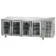 MESA REFRIGERADA CON PETO DE ACERO INOX AISI 304 - VENTILADO - Mod. UG04MPVAL - GASTRONORM 1/1 - N. 4 PUERTAS DE CRISTAL - Temperatura NORMAL 0°/+10°C - Dim cm. L 232 x P 70 x h 95/102 - CE