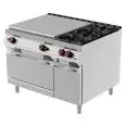 COCINA DE GAS CON HORNO ESTÁTICO DE GAS GN 2/1 - Mod. TPG93MB - Todoplaca + n. 2 fuegos - Con llama piloto - Compartimento neutro con puerta abatible - Potencia Kw 33 - Dimensiones cm L 120 X P 90 X H 90 - CE