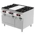 COCINA DE GAS CON HORNO ESTÁTICO DE GAS GN 2/1 - Mod. TPG93ME - Todoplaca + n. 4 fuegos - Con llama piloto - Compartimento neutro con puerta abatible - Potencia Kw 39,5 - Dimensiones cm L 120 X P 90 X H 90 - CE