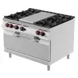 COCINA DE GAS CON HORNO DE GAS ESTÁTICO MAXI GN 3/1 - Mod. TPG93MG - Todoplaca + n. 4 fuegos - Con llama piloto - Potencia Kw 41,5 - Dimensiones cm L 120 X P 90 X H 90 - CE
