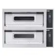 HORNOS ELÉCTRICOS DIGITALES PARA PIZZA - Mod. BASIC 66/D CPR - N. 2 cámaras - Techo y base con piedras refractarias (lados excluidos) - Medidas de la cámara cm A 66 x F 99 x 14 h - N. Pizzas 6 + 6 (Ø cm 32) - Potencia 14,4 Kw - CE