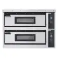 HORNOS ELÉCTRICOS DIGITALES PARA PIZZA - Mod. PLUS XL44/D - N. 2 cámaras - Superficie de piedra refractaria o Techo y base refractaria o Cámara totalmente refractaria - Medidas de la cámara cm A 72 x F 72 x 14 h - N. Pizzas 4 + 4 (Ø cm 35) - Potencia 12