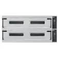 HORNOS ELÉCTRICOS DIGITALES PARA PIZZA - Mod. TRAYS 66L/D - N. 2 cámaras - Superficie con piedras refractarias o Cámara totalmente refractaria - Medidas de la cámara cm A 123 x F 84 x 17,5 h - N. Pizzas 6+6 (Ø cm 40)/N. 3+3 bandejas en horizontal cm 60x40
