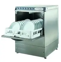 LAVAVAJILLAS PROFESIONAL DE ACERO INOX AISI 304 18/10 - MOD. ELITE 503ABS - CON BOMBA DE DESAGÜE - ALIMENTACIÓN TRIFÁSICA - PASO ÚTIL ALTURA MÁXIMA cm 32 - CESTA CUADRADA cm 50 x 50 - CICLO 120"/240" - SISTEMA ABS - Medidas totales cm A 59,4 x F 60,7 x h 